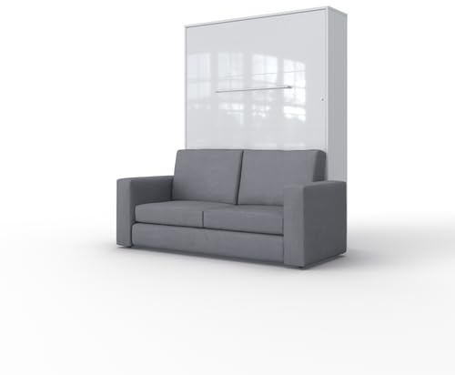 MAXIMAHOUSE Schrankbett vertikal Invento LED 140V (140x200) mit Sofa, Möbelset (Weiss/Weiss Glanz + graues Sofa)
