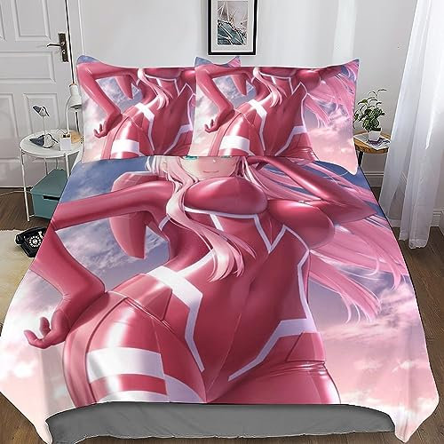 CasCam Zero Two Bettwäsche Jungen Mädchen Kinder Anime Bettwäsche Mikrofaser-Polyester 3D-Druck Bettwäsche-Set Weich Bettbezug Mit Kissenbezug Geschenk Für Geburtstag Double(200x200cm)