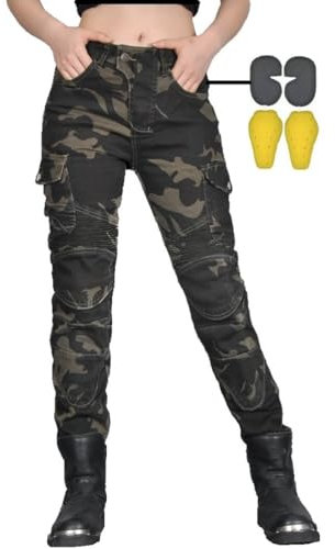 CBBI-WCCB Damen Moto Jeans Motorrad Hose mit Protektoren Motorradhose (DE/NL/SE/PL, Bundweite & Schrittlänge, 32, 31, Grüner Tarnanstrich)