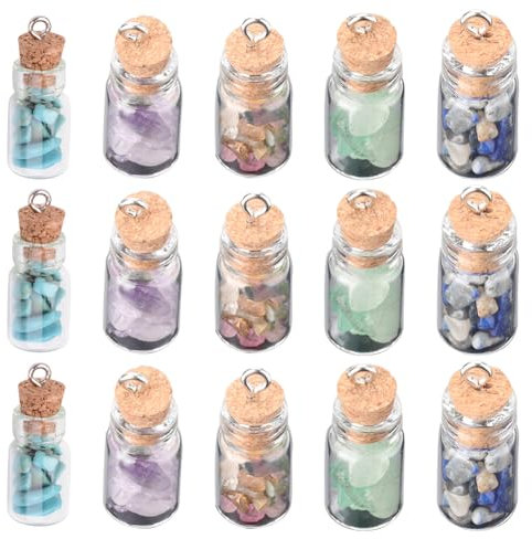 SUNNYCLUE 1 BOX 30Pcs Mini Glass Bottle Charms Necklace Wish Bottle Charm Tiny Jar Small Gemstones Drifting Cork Stoppers Decoration for jewellery Making Earring Keychain Xmas Gift