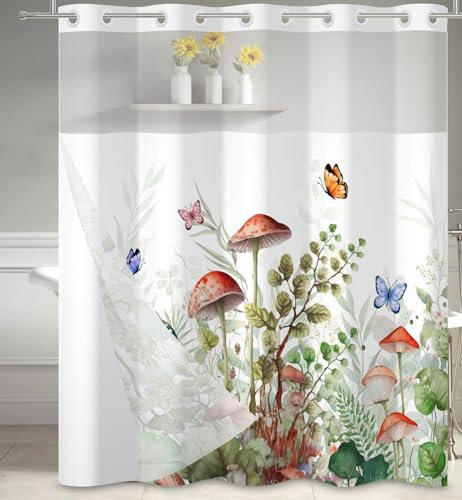Ttincceer Rideau de Douche sans Crochet Vert Sauge Papillon coloré Double Couche Rideau de Bain Plante Fleurs Sauvages Rideaux de Douche Rideau de Baignoire étanche 71x79inch
