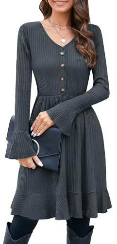ULTRANICE Autumn Jumper Dress for Women UK Ladies V Neck Casual Dresses | Elegant Fall Winter Knitted Sweater Dress, Lightweight Tunic Dress Decor Buttons,Long Sleeve Dress with Pockets Knee Length