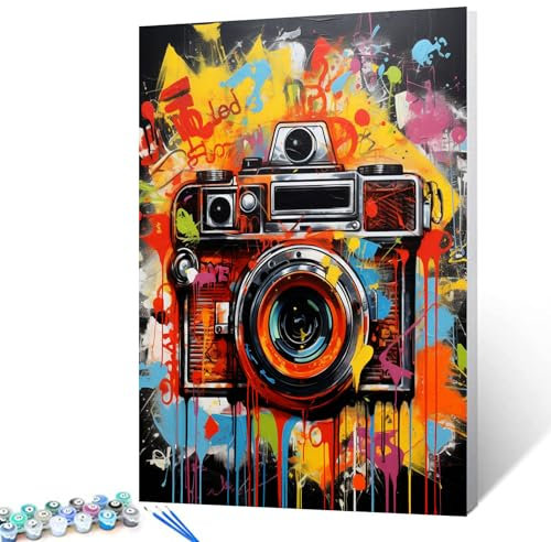Tucocoo Graffiti-Kamera-Malen-nach-Zahlen-Set mit Pinseln und Acryl-Pigmenten auf Leinwand, Gemälde für Erwachsene und Anfänger, Banksy-Straßen-Pop-Art-Bild für Heimdekoration, Geschenke, 40x50 cm