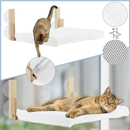 KAIMERCE Hamaca Gato Ventana - Cama Gato de Madera Plegable con Manta Reversible Invierno/Verano - Hamaca Gatos Ventana con 4 Ventosas - Cama Ventana para Gatos Cómoda y Duradera