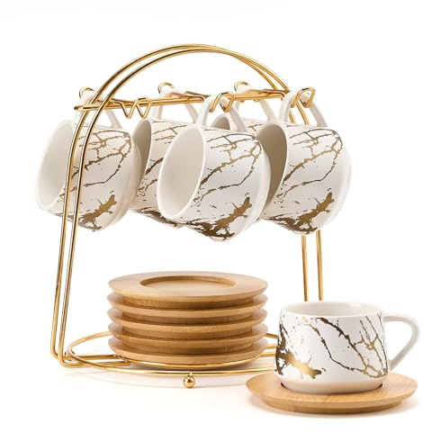 LUKA Espressotassen aus Keramik mit Untertassen und Metallständer, kleine 118 ml Porzellan-Demitasse-Tassen, 6er-Set, niedliche Cappuccino-Kaffeetassen für Doppel-Espresso, Tee, Marmorierung, Weiß