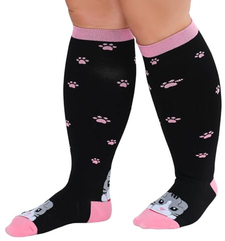 ZFSOCK Bas de Contention Femme Homme: Chaussettes de Contention Compression Grande Taille Gros Mollet 20-30mmhg pour Infirmiere Running Sport Voyage Grossesse L-XL Chats Rose 1 Paire