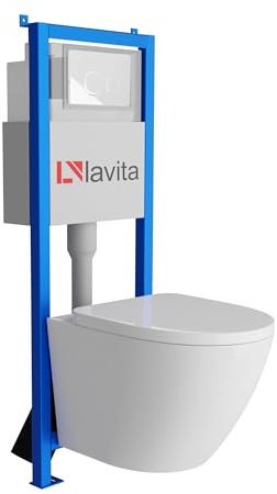 Lavita LAV 101 Vorwandelement für WC 40cm + Wand Hänge Tiefspül WC SOFI Weiß Spülrandlos + Bedienplatte LAV 200.4.1 Weiß + WC Sitz mit Absenkautomatik Unterputz Spülkasten Toilette Komplett Sett WC