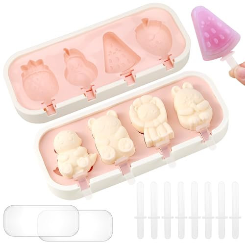 Hejo 2 Moldes Helado, Moldes Helados Silicona, Molde de silicona Reutilizables para Tartas, Moldes para Helados de 8 Formas con 12 Palillos para el Hogar al Aire Libre (Rosa).