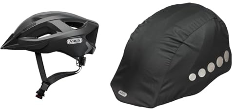 ABUS Stadthelm Aduro 2.0 - Allround-Fahrradhelm mit Licht & Regenkappe für Helme - Regenschutz mit dekorativen Reflektoren und Gummizug - wasserabweisend – Schwarz