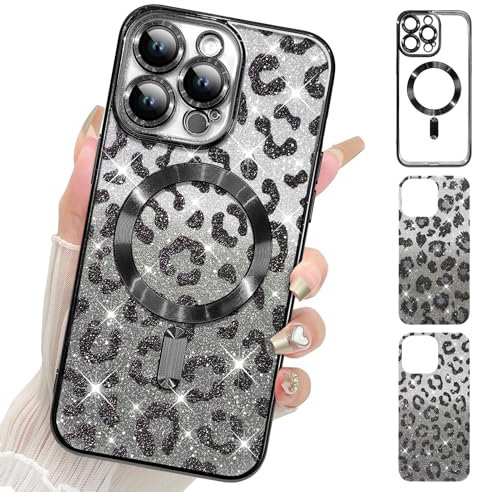 UZEUZA Compatible with iPhone 13 Pro Max Case, Leopard Print Phone Case,2 Differents Pieces of Cheetah Print Glitter Design,Shockproof Protective Cover Women for iPhone 13 Pro Max 6.7 Inch, Black