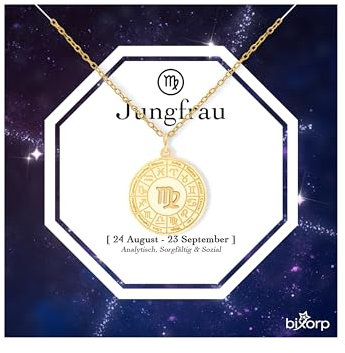 Bixorp Sternzeichen Jungfrau Halskette - Sternzeichen-Medalion aus Edelstahl in Gold – Zodiac-Halskette auf Geschenkkarte
