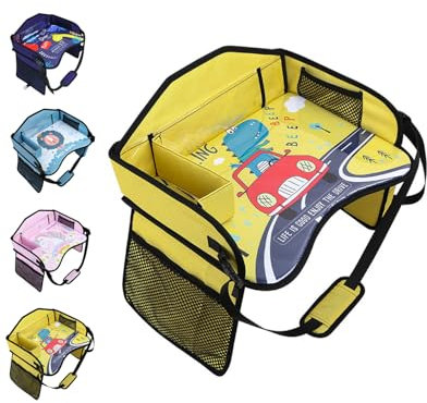 mymai Kinder Reise Aktivitätstisch Kinder Reisetisch Auto, Multifunktionaler Spiel Snacktisch für Autositze, Abwischbare Tischfläche mit Organizern, für Auto Flugzeug Kinderwagen (Gelb)