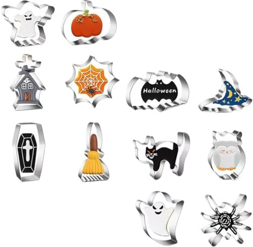 Moule à Biscuits Halloween en Acier Inoxydable, 12Pcs Moule à Biscuits Citrouille Chauve-Souris, Ensemble D'Outils De Cuisson Diy, Citrouille, Chapeau de SorcièRe, Biscuits D'Halloween