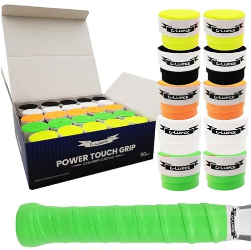 G-Lueck Tennis Premium Overgrip, Power Touch, Haute Tenue, Longue Durabilité, Épaisseur 0,60 mm, Overgrips pour Raquettes de Badminton, Padel, Squash. Antidérapants, Blanc - 50 Pièces (Mix)