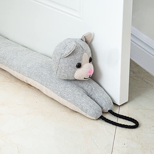 Forecronic Bas de Porte décoratifs Coupe Vent 76cm pour Porte et fenêtre, Coupe Courant d'air Animal lesté, Bloque Bruit Serpent pour Bas de Porte avec Boucles d'accrochage - Chat Gris 30