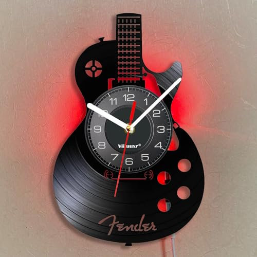 Viiluuxr LED Leuchtend Vinyl Schallplatten Uhr Batteriebetrieben 30 cm Funkuhren Led-Streifen Musikinstrumente Gitarre Gaming Deko Zimmer Nachtlicht Lautlos Musikzimmer Leuchtendes Ambiente Wanduhr.