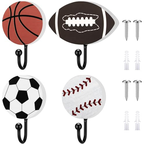 Marsui Lot de 4 crochets pour manteau de baseball, football, basket-ball avec 8 vis, crochets en bois et métal sur le thème des fans de sport, décoration murale