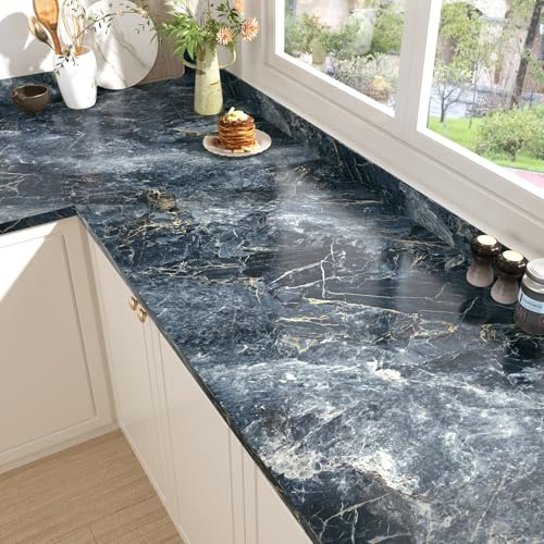HotDecor Kitchen Worktop Covering Vinyl Self Adhesive Blue Marble Wallpaper Kitchen Counter Vinyl Wrap Sticky Back Bathroom Wallpaper Waterproof Cupboard Wrap Marble Sticky Back Plastic 40cm x 200cm