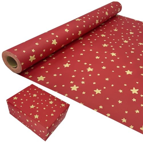 Rouleau de papier cadeau d'anniversaire, 43 cm x 15 m, rouge, motif étoile, kraft recyclable, pour anniversaire, mariage, fête.