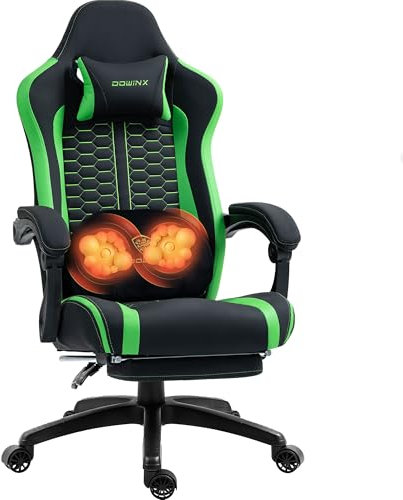 Dowinx Gaming Chair with Heated Massage Lumbar Support, Ergonomic Gaming Computer Chair with Pocket Spring Cushion and Footrest, Recliner High Back PC Chair for Adult, 150kg,Green