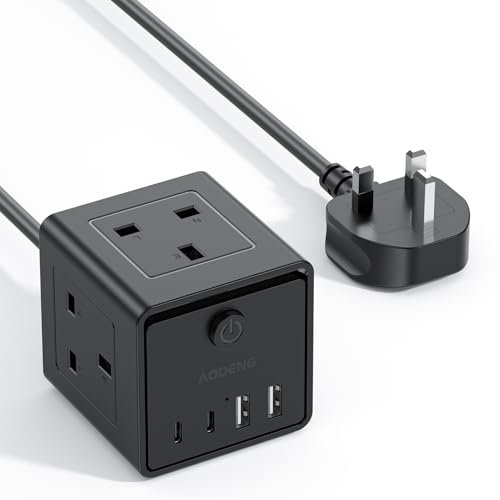 Extension Lead with 4 USB Slots and Switch, 3 Way (13A/3000W) Multi Plug Extension Cable with 2 USB C, UK Desktop Power Extension Cord with Multi Socket, 1.5M Extension Cable for Home Office Travel