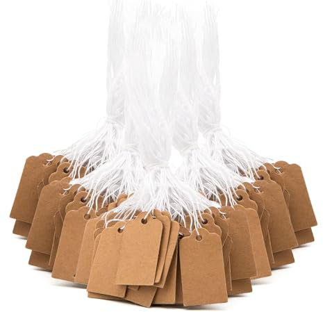 Lot de 200 étiquettes de prix en papier kraft - 25 x 15 mm - Fabriquées à la main - Avec cordon élastique - Pour bijoux, vêtements, cadeaux (marron)