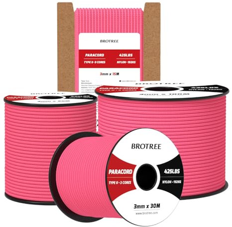 Brotree 3mm Paracord 425 100% Nylon 15M Rope 3 Strands Type II Parachute Cord for Outdoor, Craft, DIY - 192kg Breaking Load (Neon Pink)
