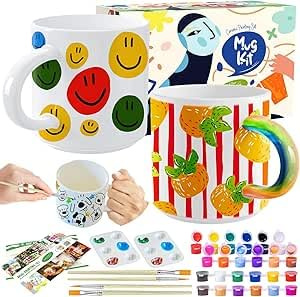 Roaxkois Kit de peinture en céramique - Kit de bricolage créatif en céramique avec peintures, pinceaux et instructions (français non garanti) - Kit de peinture parfait pour cadeaux personnalisés et