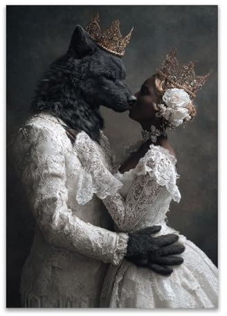 DunPei Dekor gotische Wandkunst Schwarz Weiß - Dekor für Schlafzimmer,Dekorationen für Zuhause, Zimmerdekorationen ästhetische Bilder(Der Wolf und die Frau)-50x70cm Ungerahmt