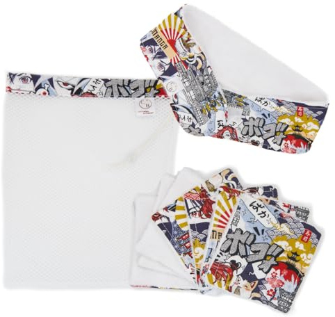Lingettes démaquillantes lavables bambou, cotons réutilisables, pads, fait main, lot de 7 + bandeau make-up + filet de lavage, ensemble démaquillage (Ensemble Blanc Manga)