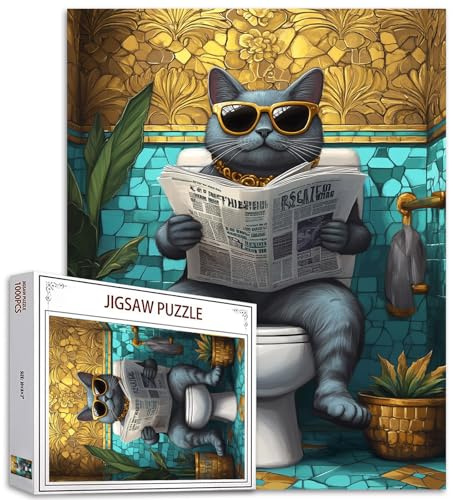Cat on the Toilet Puzzles 1000 Piece Jigsaw for Adults Animal WC Read Newspaper Challenging Family Activity Games Colorful DIY Craft Puzzle for Home Decor Gifts