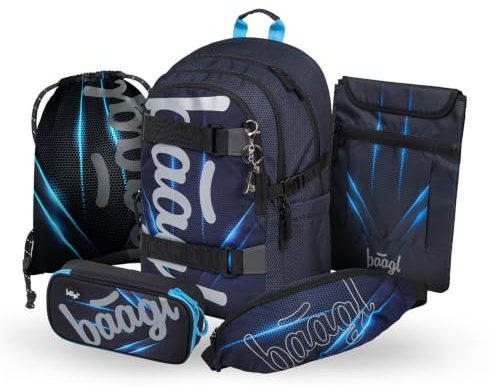 Baagl Schulrucksack Set Jungen 5 Teilig Schultasche 25 l - Bluelight | Ergonomischer Skateboard Rucksack und Schulranzen mit Brustgurt bietet als Schultasche ab der 3. Klasse optimalen Komfort.