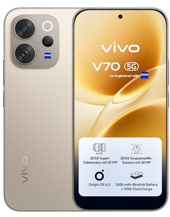 vivo V70 5G-Smartphone, 8GB + 256GB, ZEISS Super-Telekamera mit 50 MP, 4K-Video, gestochen scharfes AMOLED-Display in 1.5K mit 6,59, 5.400-mAh-Akku, 3D-Fingerabdruckscanner, IP68 und IP69, Android 16