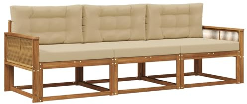 vidaXL Outdoor-Sofagarnitur mit Kissen 3 pcs Natur und Beige, Akazienholz Sofa Set für draußen, modernes Loungemöbel, Flexibler Gartenplatz, wetterfeste Einrichtung