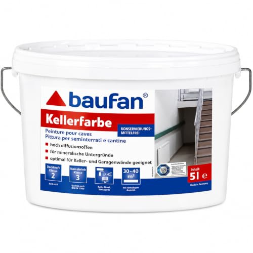 Baufan Kellerfarbe 5 liter | weiß | innenfarbe | Garagenfarbe | 5l = 30-40m² | Konservierungsmittelfrei | Silikatfarbe