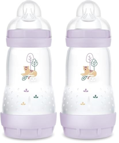 MAM Easy Start Anti-Colic Babyflasche (260 ml), besonders gut akzeptierte Milchflasche, Baby Trinkflasche mit Bodenventil gegen Koliken & Sauger Größe 1, 0+ Monate, Tiger (Packung mit 2)