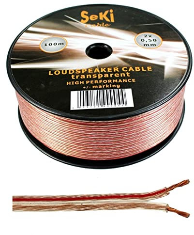 SeKi Cable de altavoz 2 x 0,50 mm2 – 100 m – transparente – CCA – Cable de audio – Cable de caja
