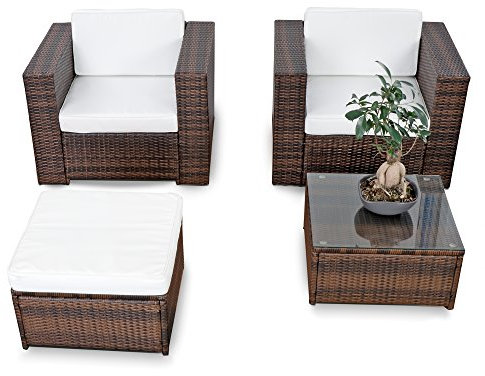 XINRO erweiterbares 10tlg. Balkon Gartenmöbel Set Polyrattan - braun-Mix - Garnitur Gartenmöbel Sitzgruppe Loungemöbel Set - inkl. Lounge Sessel + Hocker + Tisch + Kissen