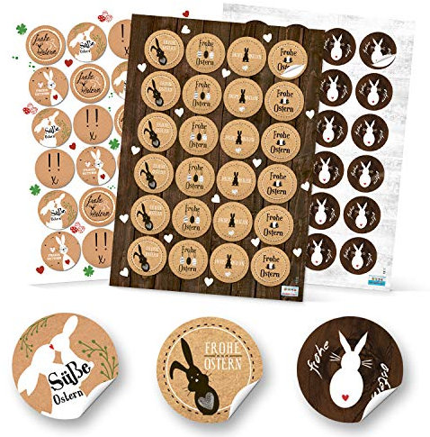 Aufkleber Set Ostern: 72 Runde Ostersticker, Hochwertiger Druck, Weiß/Schwarz/Natur mit Osterhasen & Frohe Ostern Schriftzug, Selbstklebend, Für Geschenke, Tüten & Karten, Made in Germany, ⌀ 4 cm