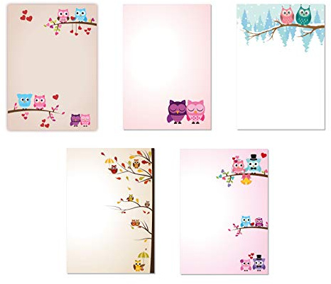 5 x 10 Blatt im Set Briefpapier Mix DIN A4 Eulenpapier gemischt (Eulen-5223)