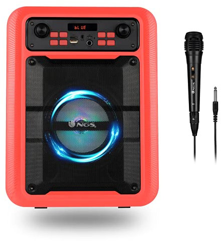 NGS Roller Lingo Red - Altavoz Portátil 20W con Tecnología Bluetooth 5.0 y True Wireless Stereo, con Micrófono para Karaoke y Luces LED Incorporadas (USB/MicroSD/Line IN/Entrada micrófono), Rojo