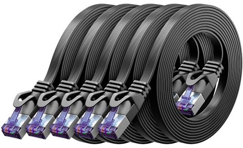 deleyCON 5x 0,25m Plano CAT7 Cable de Red (CAT 7 con 10 Gbit/s) Gigabit LAN - RJ45 Ethernet Corto Cable de Conexión Plano - para Internet Conmutador Enrutador Módem Panel de Conexiones - Negro