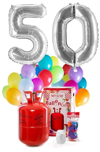 Party Factory – Helium Gasflasche 400L Komplett Set mit XXL Zahlenballon 50 Silber – Partydeko Ballongas Flasche mit Folienballon, 30 Latexballons & 40m Ballonschnur – Für Geburtstage & Feiern