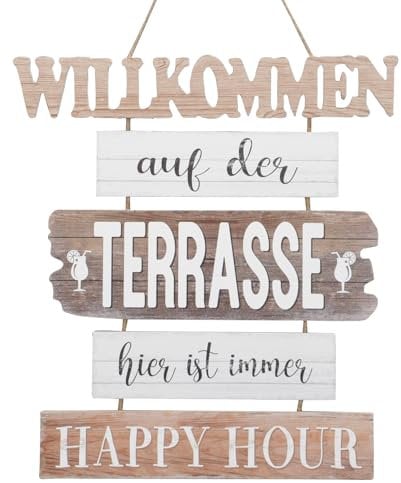 B2S BACK2SEASON Schild Terrasse Willkommen zum Hängen Holz Tafel Wand-Deko H=61 cm + 13 cm Hänger