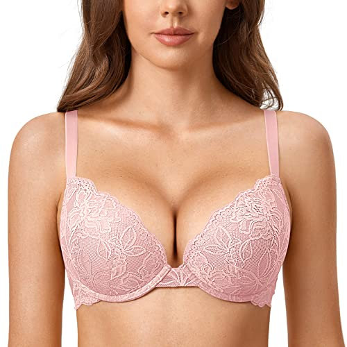 DOBREVA Femme Soutien Gorge Push Up Dentelle avec Armatures Plongeant Rembourré Moulé Rose Nue 90B