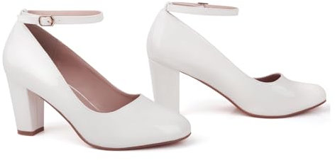 Bismaa Womens Unisex Buckle Ankle Strap Mid Block Heel Shoes Plus Size 9 10 11 12 (White Patent, Numeric_12)