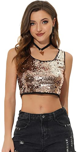 Allegra K Women's Metallic Crop Top Y2K Sequin Round Neck Sleeveless Party Clubwear Vest Tank Tops Champagne Gold 16