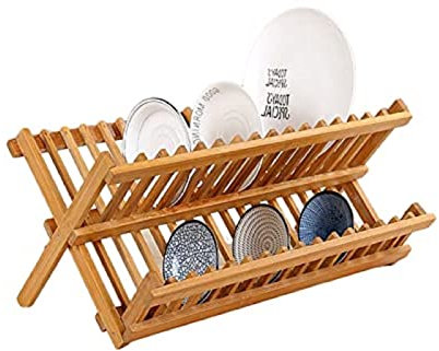 Estante para Platos de Madera de bambú de 2 Niveles, Estante Plegable para secar Platos, escurridor para Cocina, 16 Ranuras, Organizador de Almacenamiento de Cocina