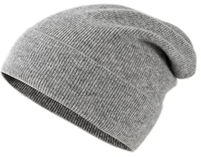 Lallier Unisex-Mütze aus 100% reinem Kashmir, gerippte Mütze mit Bündchen, warm, weich, mit Geschenkbox für Damen und Herren (Grau)