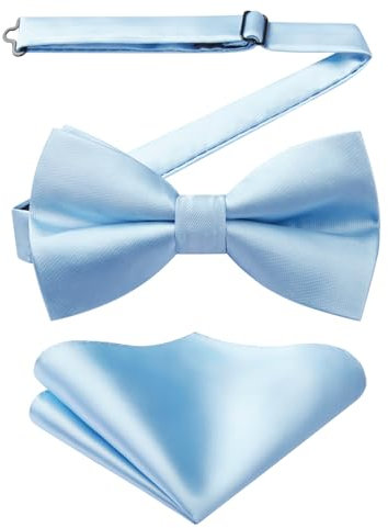 HISDERN Fliege Herren Hellblau Einfarbig Fliegen für Herren mit Einstecktuch Set Vorgebundene Fliege Anzug für Smoking,Hochzeit,Weihnachten